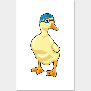 Duck at Swimming with Swimming goggles Posters and Art